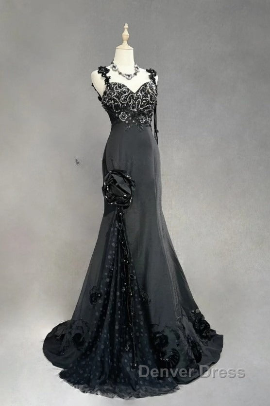 Elegant Black Mermaid Satin Beaded Sequin Long Prom Dresses, Sweetheart Neck Evening Dresses