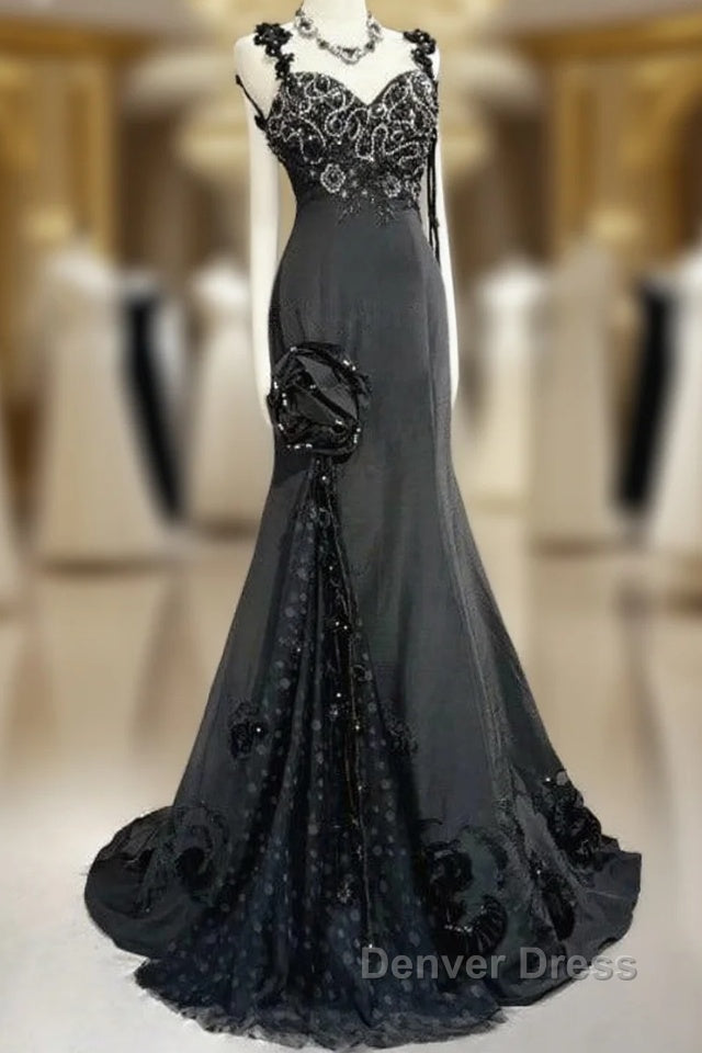 Elegant Black Mermaid Satin Beaded Sequin Long Prom Dresses, Sweetheart Neck Evening Dresses Main image