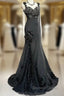 Elegant Black Mermaid Satin Beaded Sequin Long Prom Dresses, Sweetheart Neck Evening Dresses