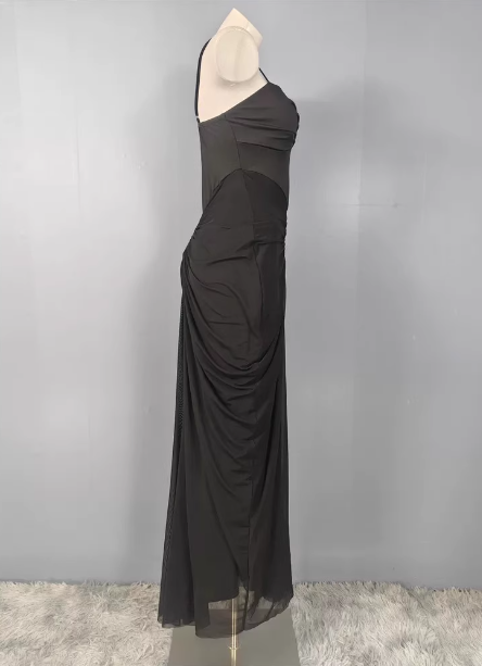 Elegant Black Mermaid Spaghetti Strap Ruched Chiffon Long Prom Dresses Evening Dresses