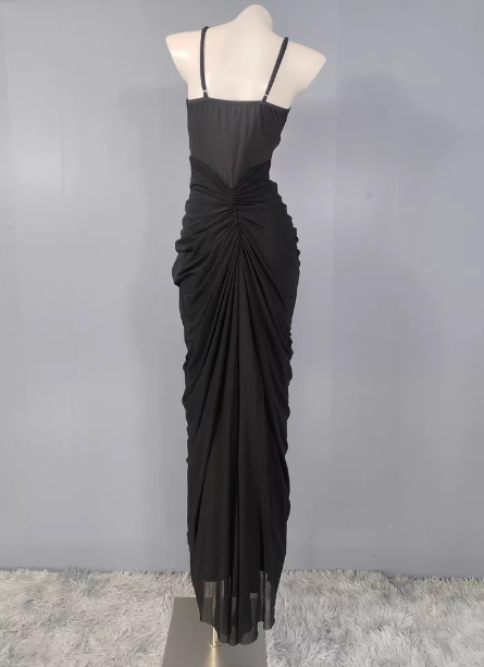 Elegant Black Mermaid Spaghetti Strap Ruched Chiffon Long Prom Dresses Evening Dresses
