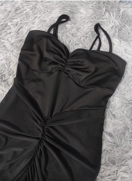 Elegant Black Mermaid Spaghetti Strap Ruched Chiffon Long Prom Dresses Evening Dresses