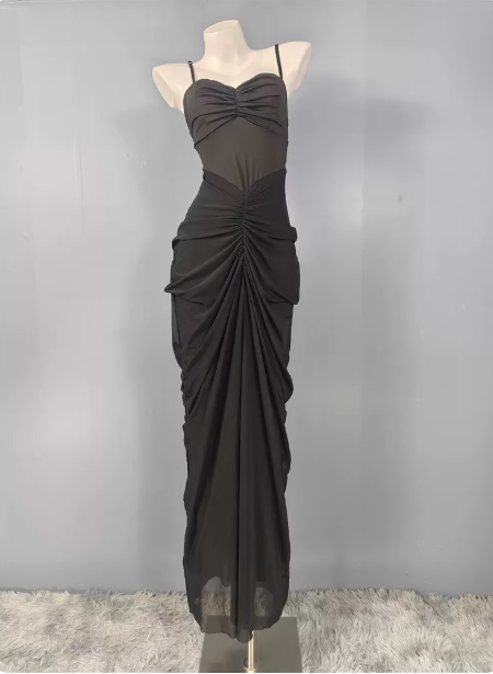 Elegant Black Mermaid Spaghetti Strap Ruched Chiffon Long Prom Dresses Evening Dresses Main image