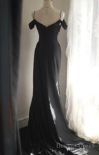 Elegant Black Mermaid Spaghetti Strap Satin Diamond Long Prom Dress Simple Evening Dress