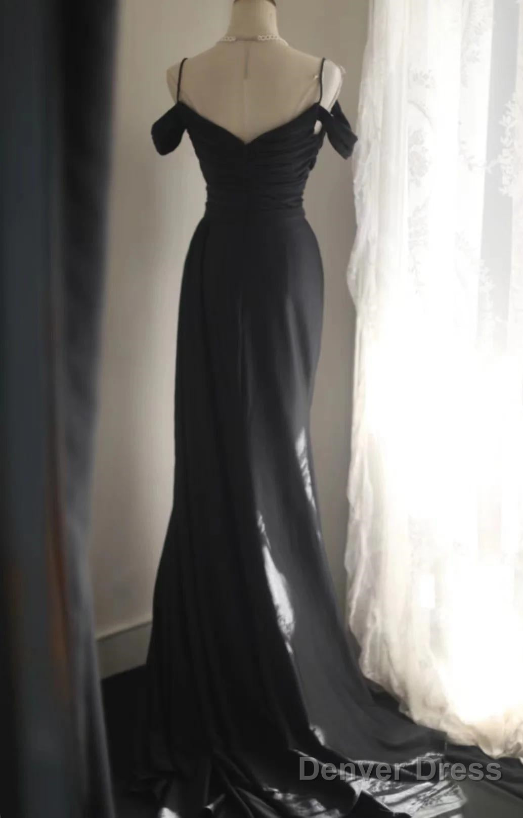 Elegant Black Mermaid Spaghetti Strap Satin Diamond Long Prom Dress Simple Evening Dress