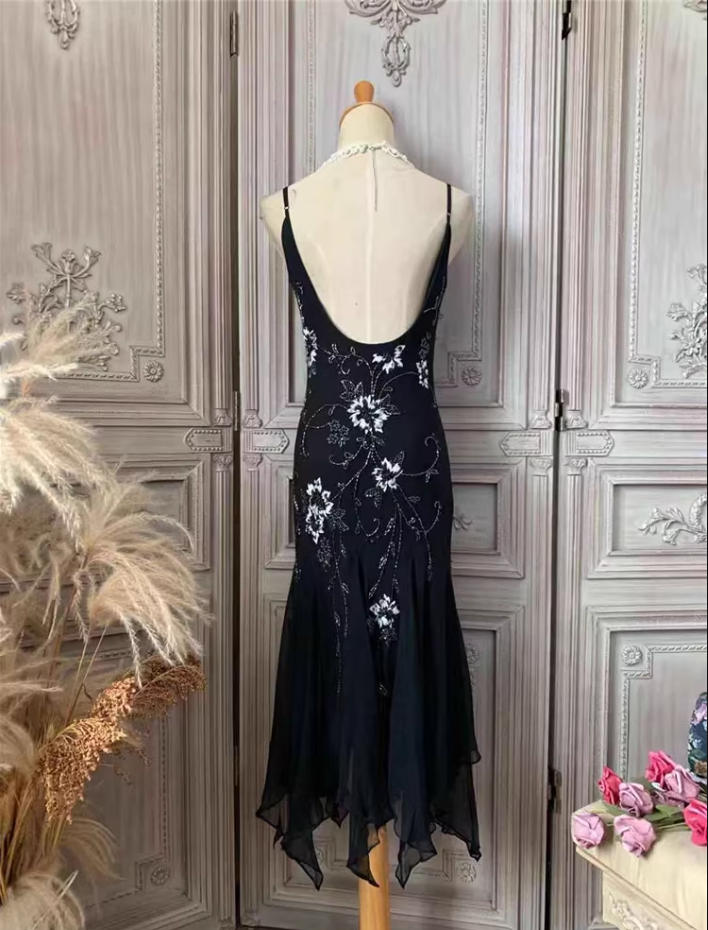 Elegant Black Mermaid Spaghetti Strap V-Neck Beaded Chiffon Long Prom Dresses Evening Dresses