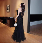Elegant Black Mermaid Strapless Feather Sequined Tulle Prom Dresses Evening Dresses