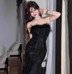 Elegant Black Mermaid Strapless Feather Sequined Tulle Prom Dresses Evening Dresses