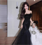 Elegant Black Mermaid Strapless Feather Sequined Tulle Prom Dresses Evening Dresses