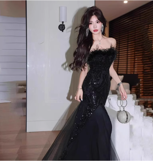Elegant Black Mermaid Strapless Feather Sequined Tulle Prom Dresses Evening Dresses
