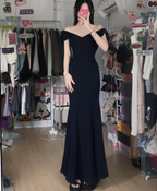 Elegant Black Mermaid V-Neck Bow Strap Satin Long Prom Dresses Evening Dresses