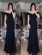Elegant Black Mermaid V-Neck Bow Strap Satin Long Prom Dresses Evening Dresses