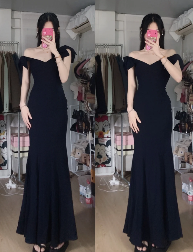 Elegant Black Mermaid V-Neck Bow Strap Satin Long Prom Dresses Evening Dresses