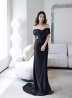 Elegant Black Off Shoulder Long Prom Gowns, Black Satin Prom Dress