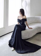 Elegant Black Off Shoulder Long Prom Gowns, Black Satin Prom Dress