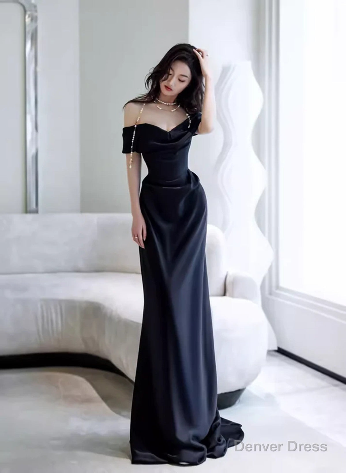 Elegant Black Off Shoulder Long Formal Gown, Black Satin Prom Dress Party Dress