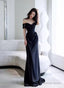 Elegant Black Off Shoulder Long Prom Gowns, Black Satin Prom Dress
