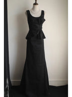 Elegant Black Pleated U-Neck Mermaid Satin Long Prom Dresses Evening Dresses