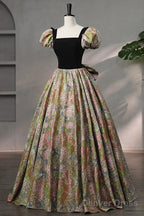 Elegant Black Puffy Short Sleeve Floor Length Prom Dress, A-Line Floral Pattern Evening Dress