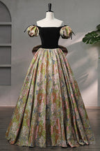 Elegant Black Puffy Short Sleeve Floor Length Prom Dress, A-Line Floral Pattern Evening Dress