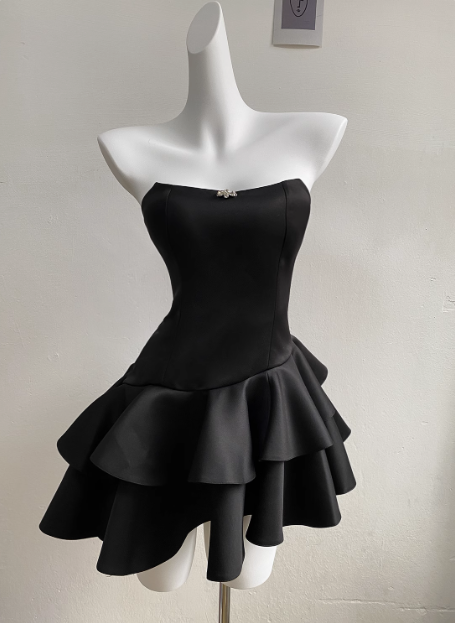 Elegant Black Satin Tube Top Irregular Birthday Tutu Homecoming Dresses