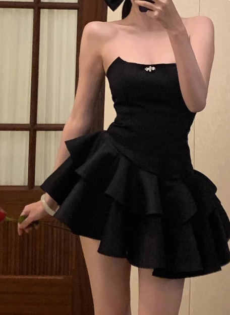 Elegant Black Satin Tube Top Irregular Birthday Tutu Homecoming Dresses