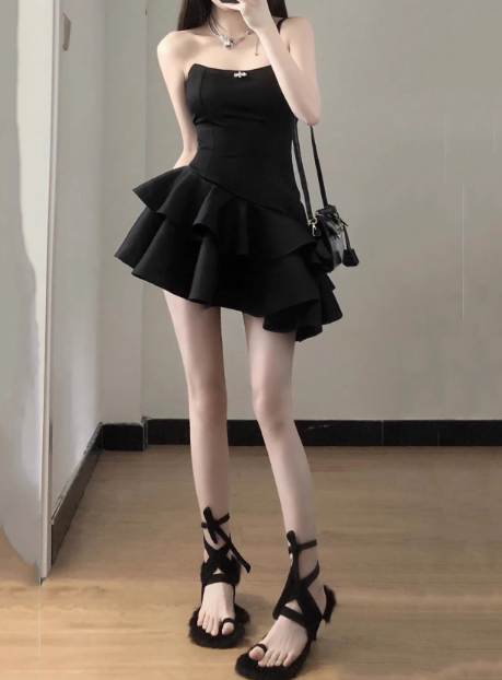 Elegant Black Satin Tube Top Irregular Birthday Tutu Homecoming Dresses