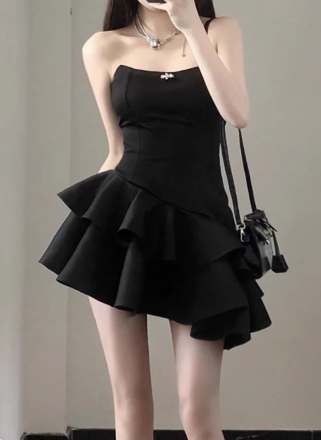 Elegant Black Satin Tube Top Irregular Birthday Tutu Homecoming Dresses