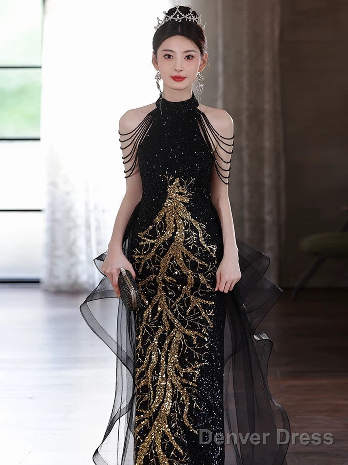 Elegant Black Sequins Halter Evening Dress With Lace Applique, Black Long Prom Dress