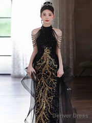 Elegant Black Sequins Halter Evening Dress With Lace Applique, Black Long Prom Dress