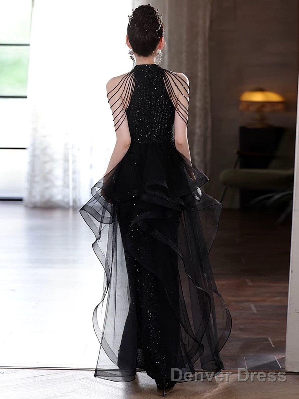 Elegant Black Sequins Halter Evening Dress With Lace Applique, Black Long Prom Dress