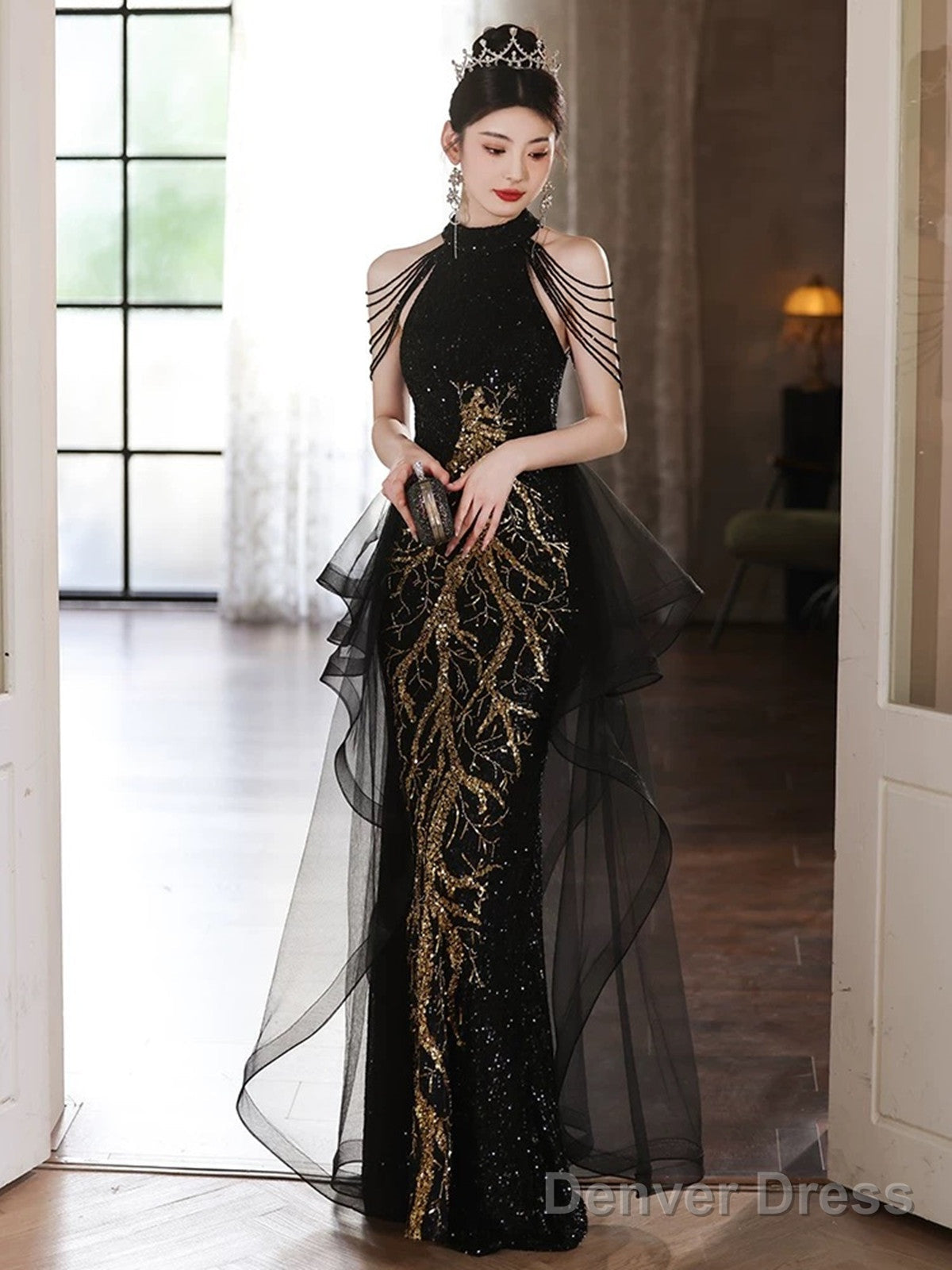 Elegant Black Sequins Halter Evening Dress With Lace Applique, Black Long Prom Dress Main image