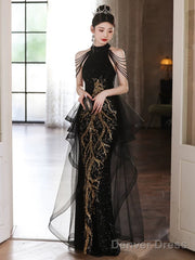 Elegant Black Sequins Halter Evening Dress With Lace Applique, Black Long Prom Dress