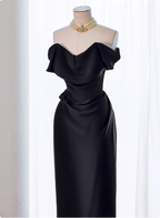 Elegant Black Slim-Fit Off-The-Shoulder Satin Long Prom Dresses Evening Dresses