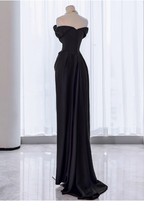 Elegant Black Slim-Fit Off-The-Shoulder Satin Long Prom Dresses Evening Dresses