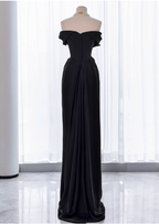 Elegant Black Slim-Fit Off-The-Shoulder Satin Long Prom Dresses Evening Dresses