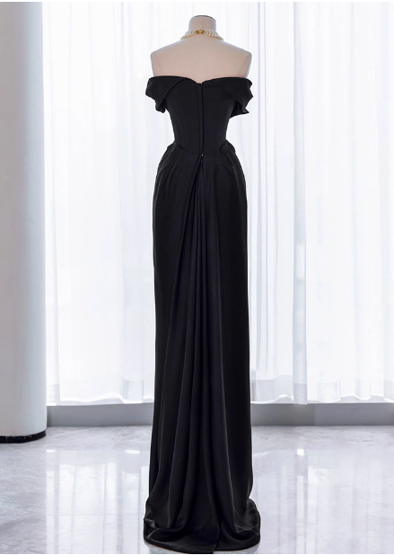 Elegant Black Slim-Fit Off-The-Shoulder Satin Long Prom Dresses Evening Dresses