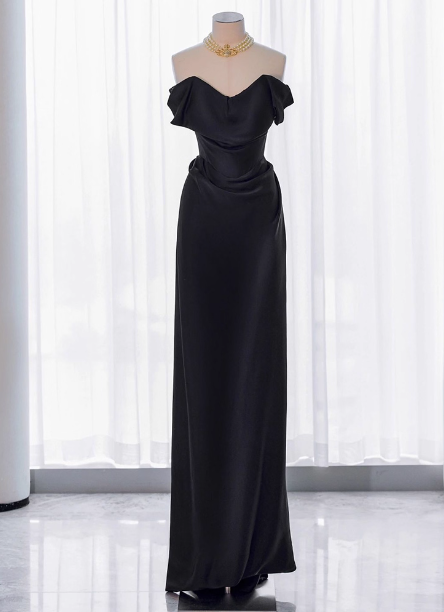 Elegant Black Slim-Fit Off-The-Shoulder Satin Long Prom Dresses Evening Dresses