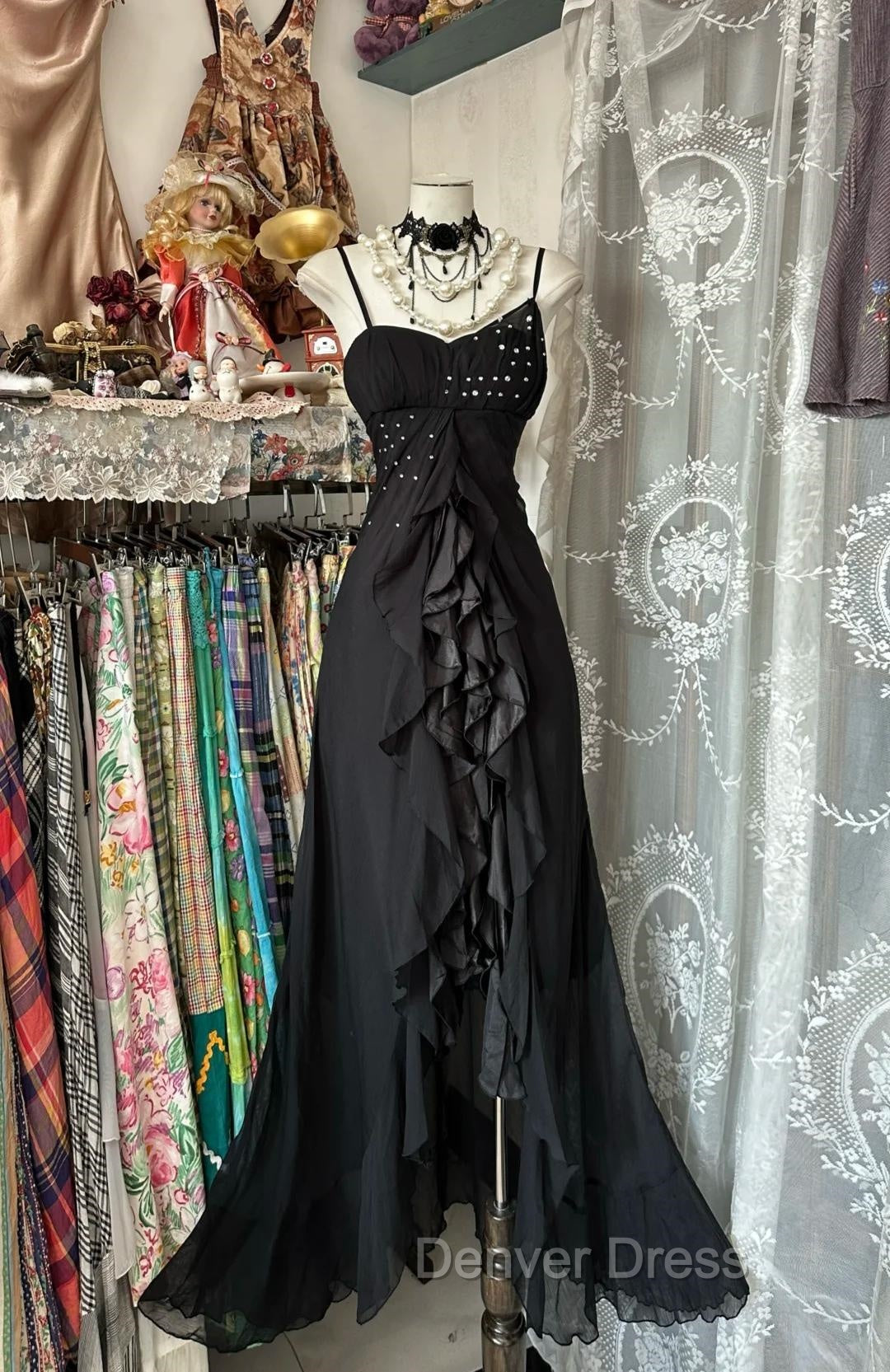 Elegant Black Spaghetti Strap Mermaid Chiffon Prom Dresses