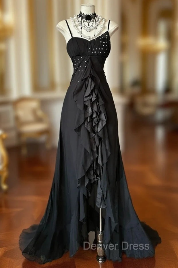 Elegant Black Spaghetti Strap Mermaid Chiffon Prom Dresses Main image