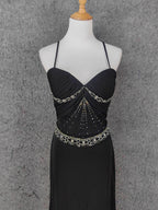 Elegant Black Spaghetti Strap Sequin Beaded Split Chiffon Long Prom Dresses Evening Dresses