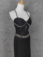 Elegant Black Spaghetti Strap Sequin Beaded Split Chiffon Long Prom Dresses Evening Dresses
