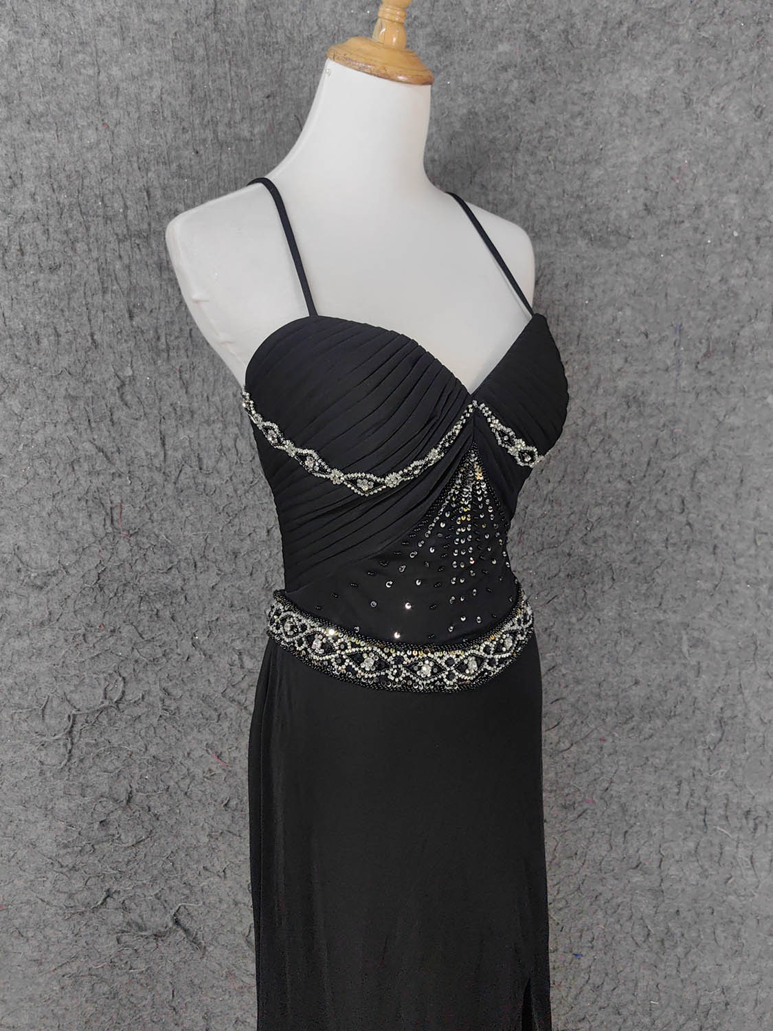 Elegant Black Spaghetti Strap Sequin Beaded Split Chiffon Long Prom Dresses Evening Dresses