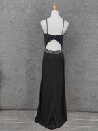 Elegant Black Spaghetti Strap Sequin Beaded Split Chiffon Long Prom Dresses Evening Dresses
