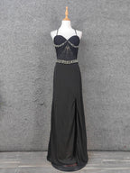 Elegant Black Spaghetti Strap Sequin Beaded Split Chiffon Long Prom Dresses Evening Dresses