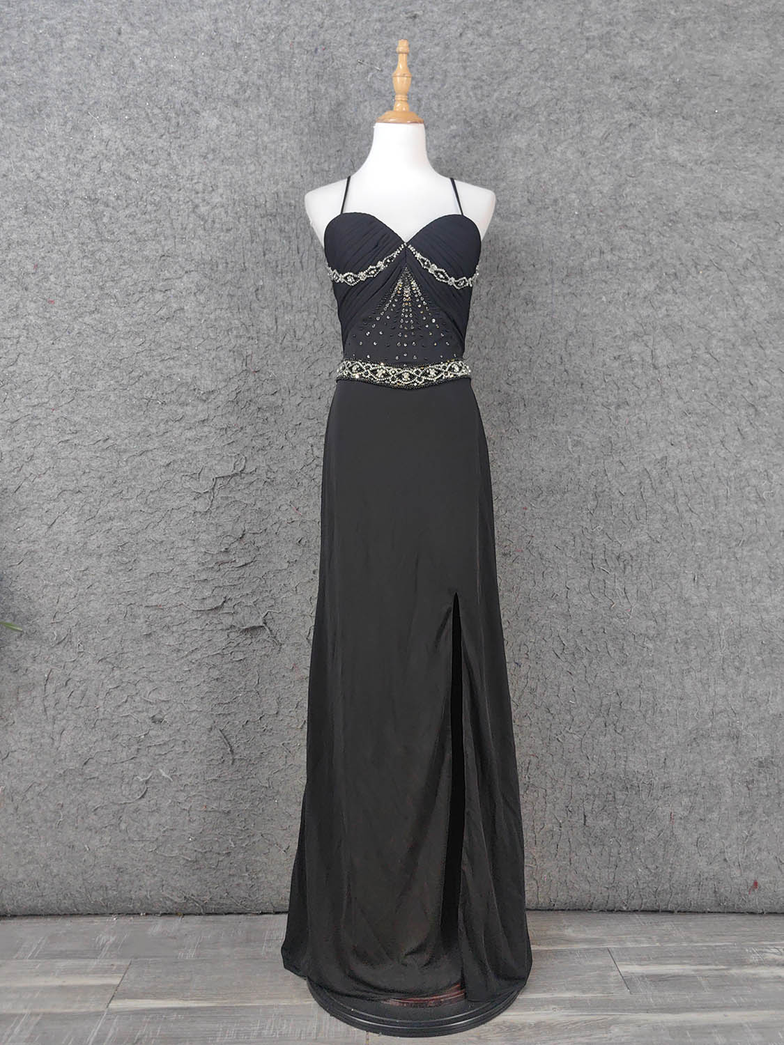 Elegant Black Spaghetti Strap Sequin Beaded Split Chiffon Long Prom Dresses Evening Dresses