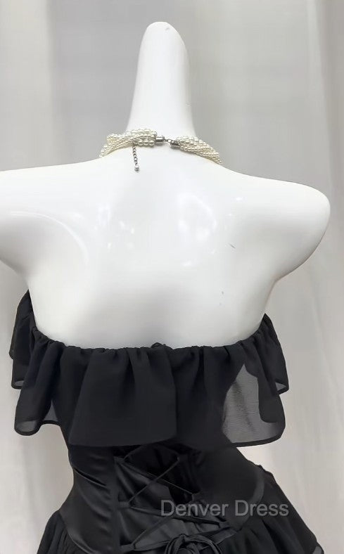 Elegant Black Strapless A-Line Layered Chiffon Long Prom Dresses Graduation Prom Dresses