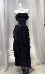 Elegant Black Strapless A-Line Layered Chiffon Long Prom Dresses Graduation Prom Dresses