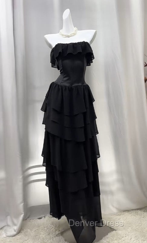 Elegant Black Strapless A-Line Layered Chiffon Long Prom Dresses Graduation Prom Dresses