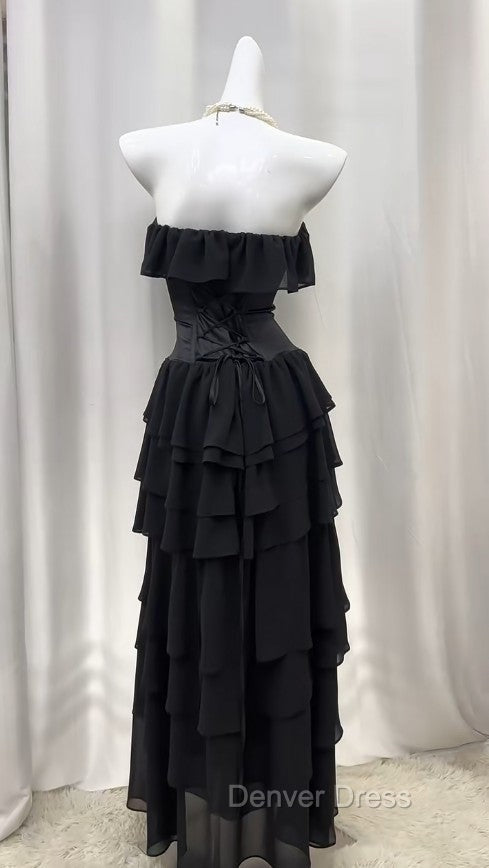 Elegant Black Strapless A-Line Layered Chiffon Long Prom Dresses Graduation Prom Dresses